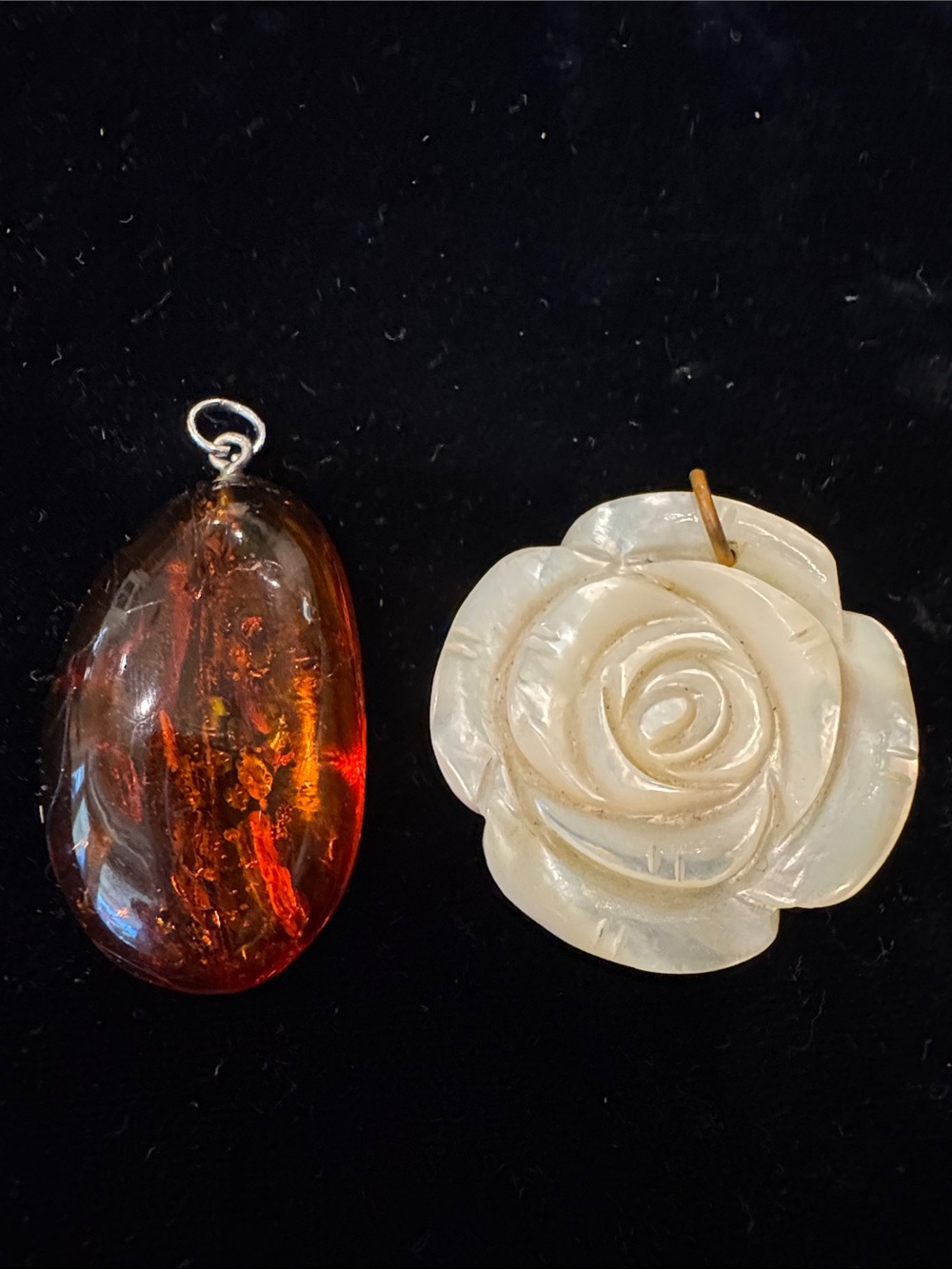 Group of Two Neutral Pendants -Natural Mother-of-Pearl Rose and Amber Resin Drop